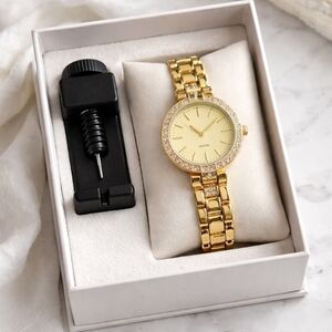Quartz Gold-Tone Watch with Crystal Details